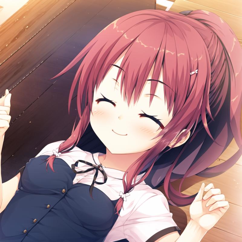 01242-124673863-1girl,solo,smile,hair ornament,red hair,blush,indoors,on back,long hair,hairclip,short sleeves,breasts,half-closed eyes,lying,po.png